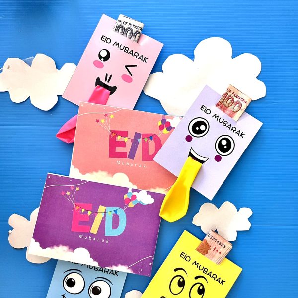 Eidi Ballon Pop-Up Card with Eid Mubarak Envelopes [Balloon Filled with Colored Paper Confetti]